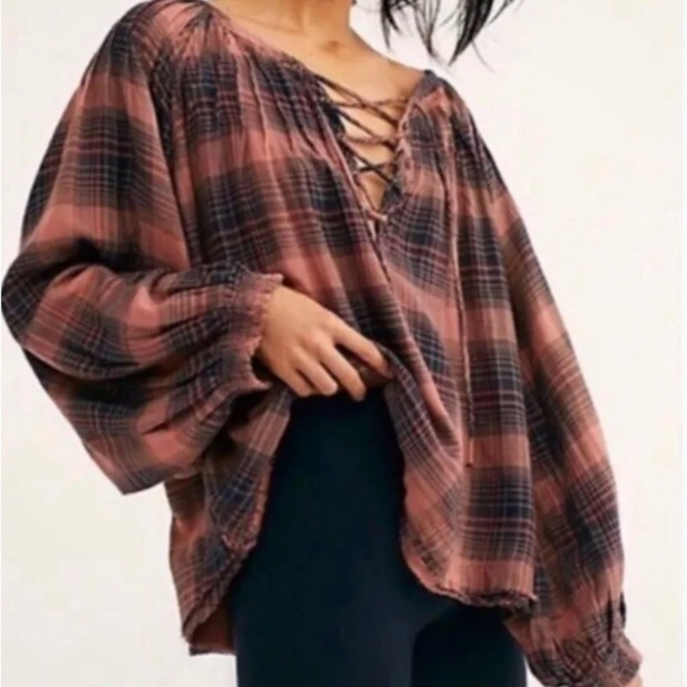 We The Free People Cloud Breaker Top brown-black size XS Raw Hem Balloon Sleeve